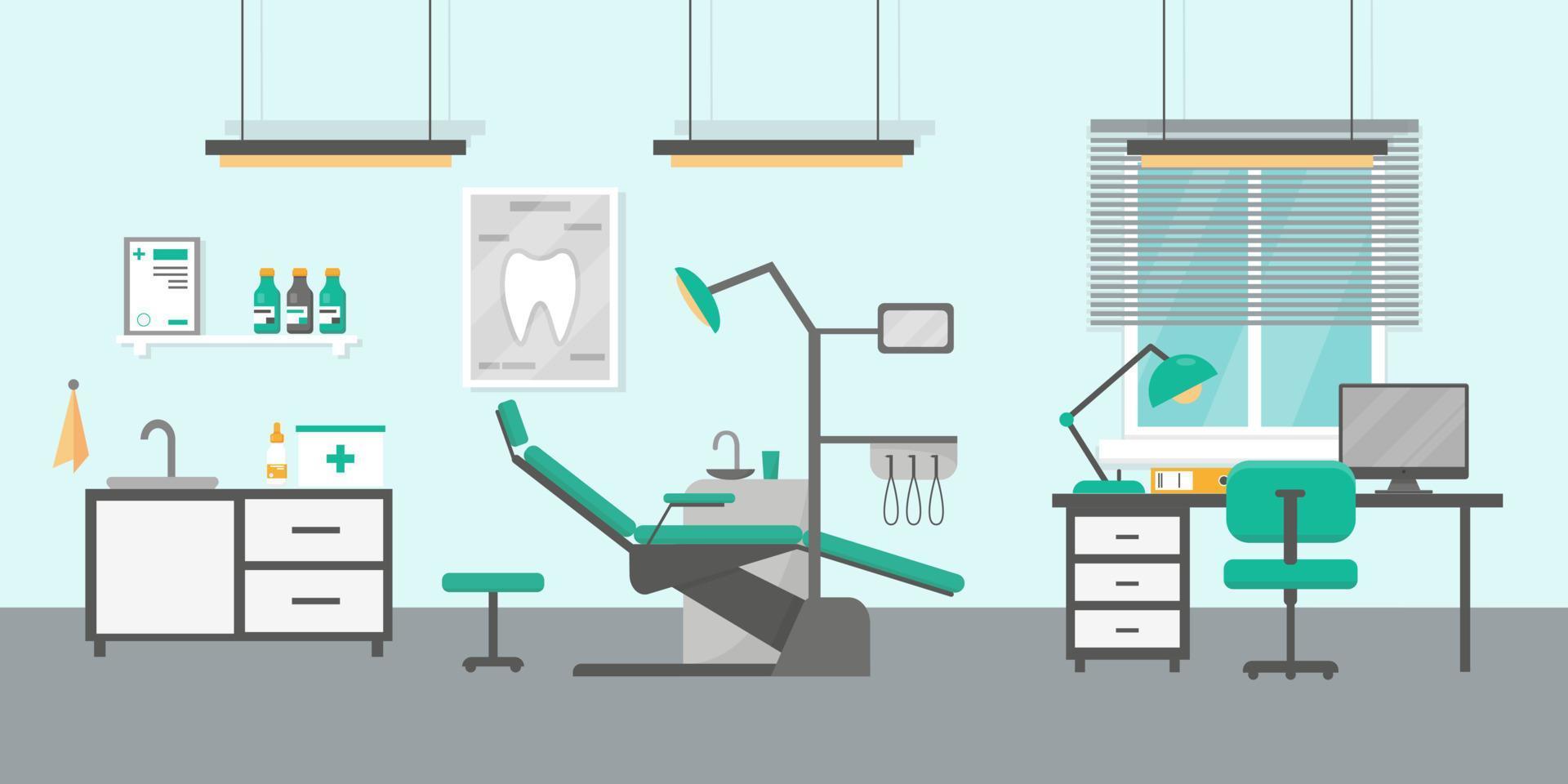 ilustración de vector plano de oficina dental. interior de la sala de consulta de ortodoncia.