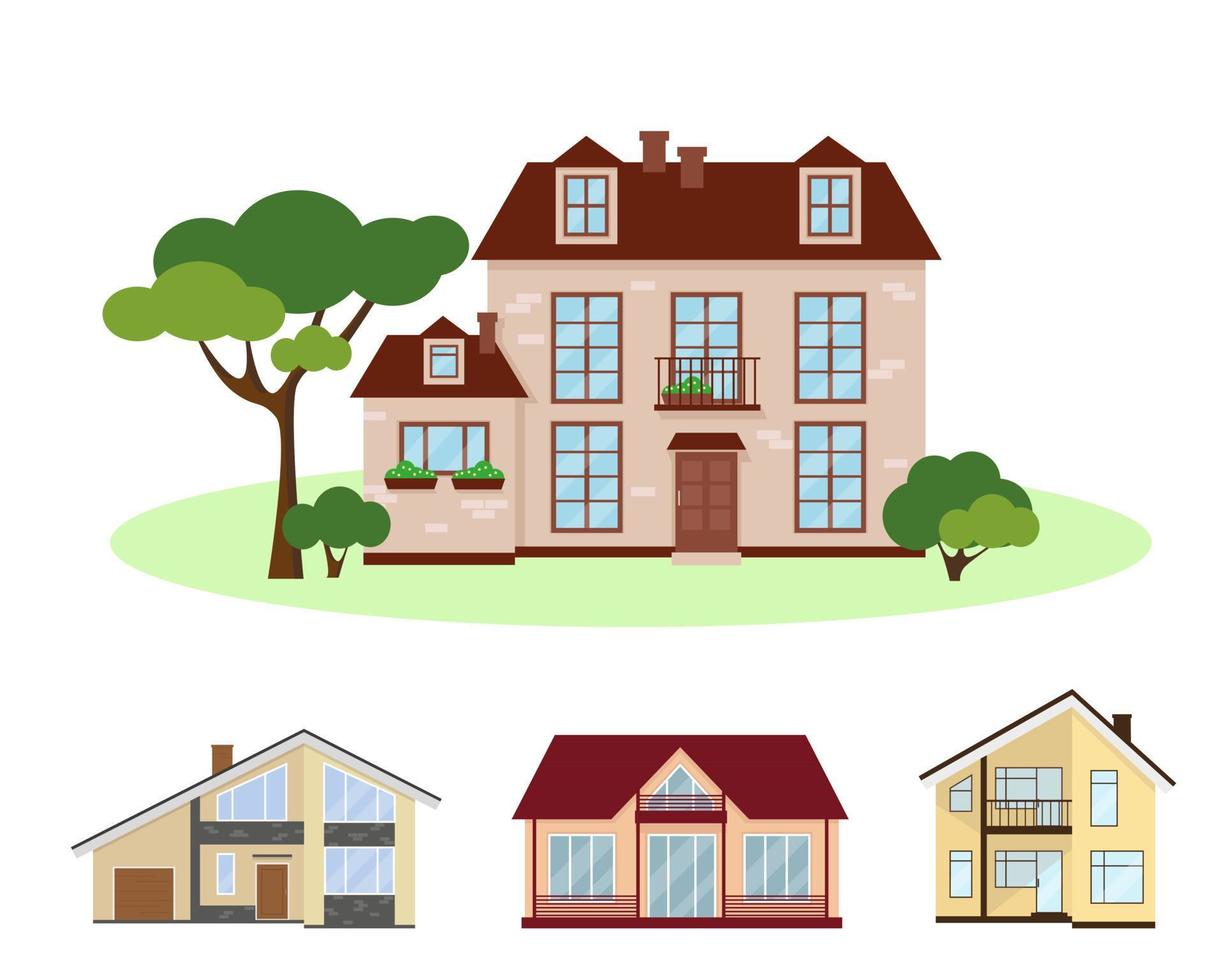 Set of four country houses with trees. Village and nature elements. Vector illustration.