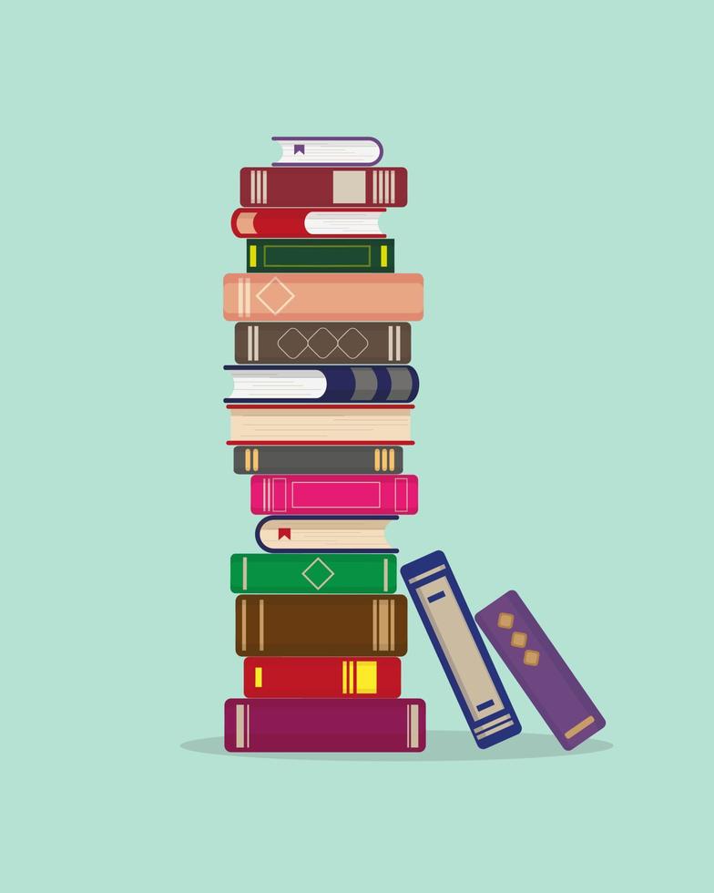 gran pila de libros sobre fondo azul. ilustración plana vectorial para el concepto de diseño de conocimiento, educación o librería. vector