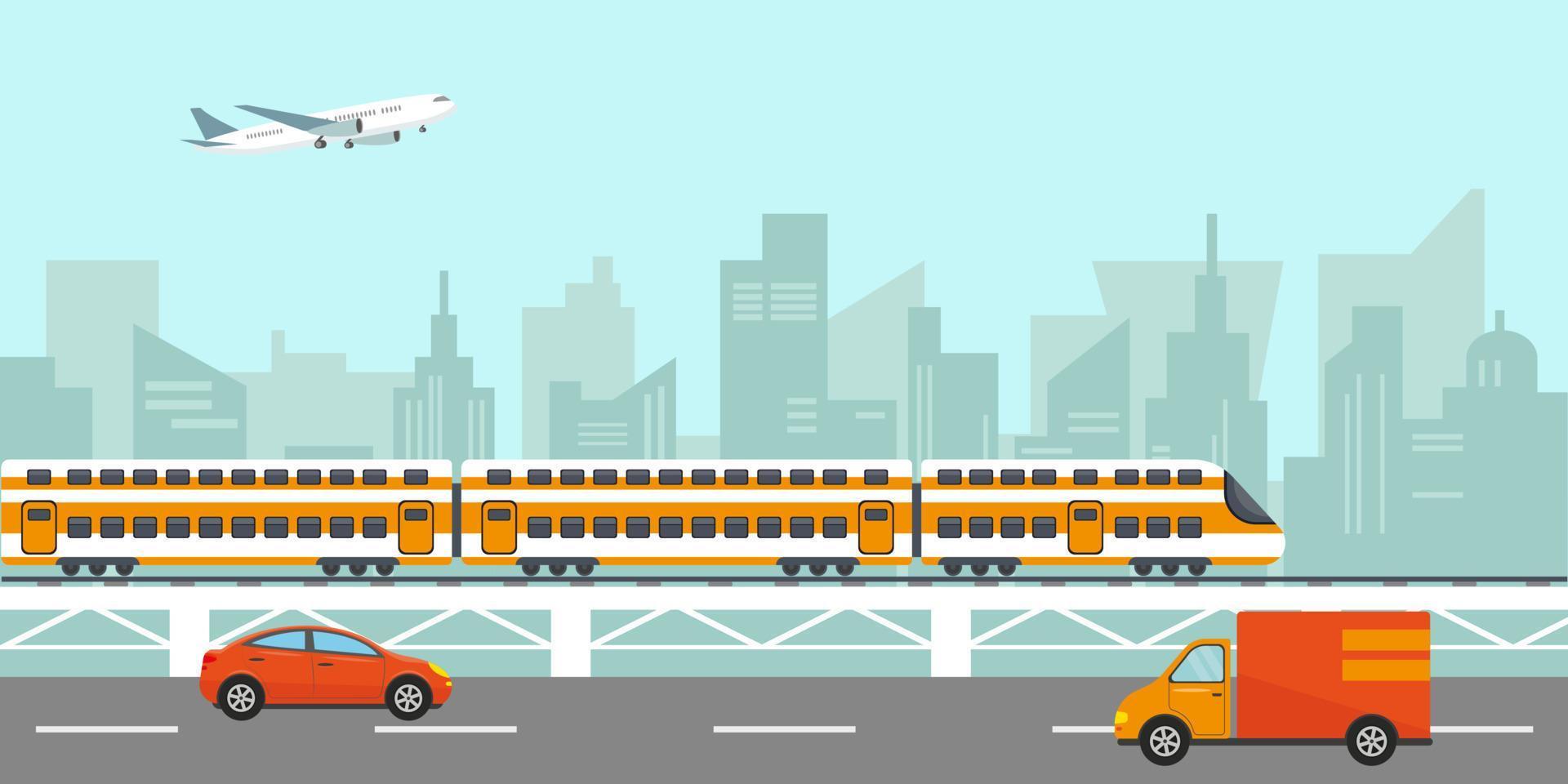 Urban city landscape with buildings, passenger hight speed train on bridge, cars on the road and airplain in the sky. Vector illustration.