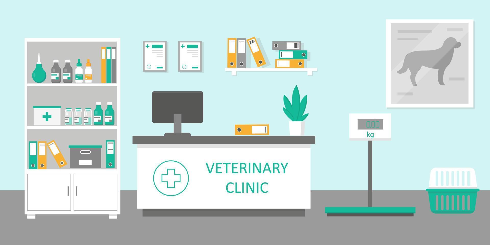 Vet clinic reception room or hospital holl interior in flat style. Medicine concept. Vector illustration.