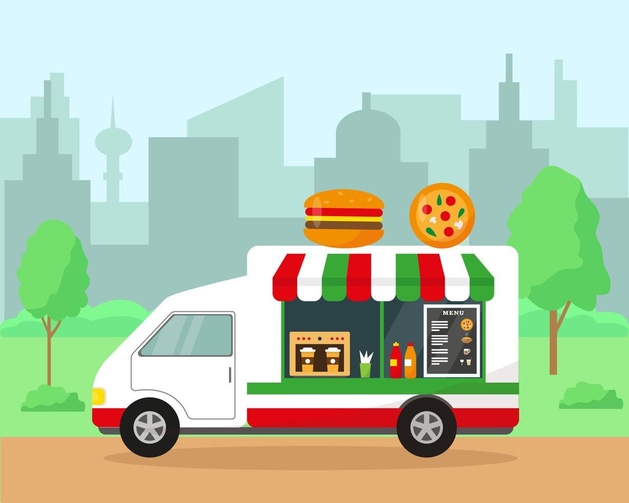 Food truck in city park. Fast food concept. Spring or summer cityscape background vector illustration.
