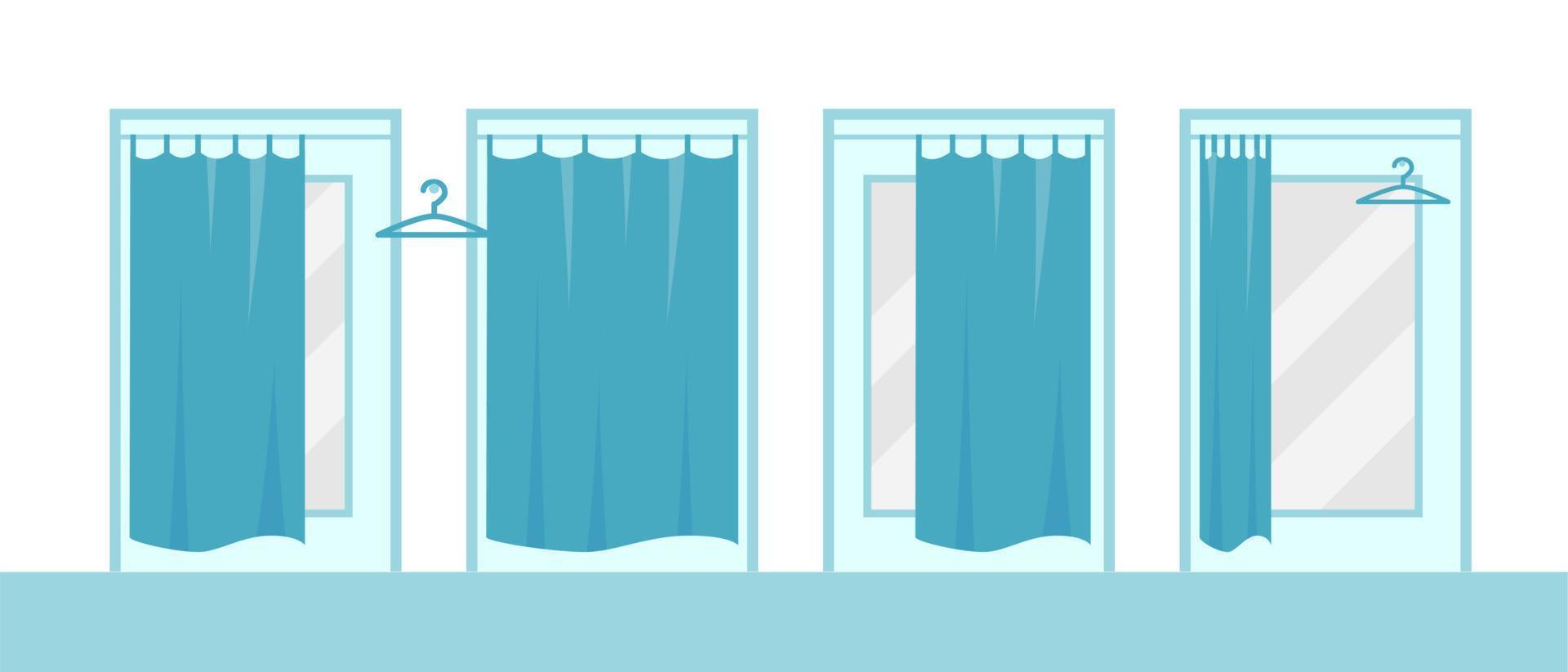 Cabins for trying on clothes in shopping mall. Fittings rooms with blue open and closed curtains and mirrors inside. Vector illustration on white background.