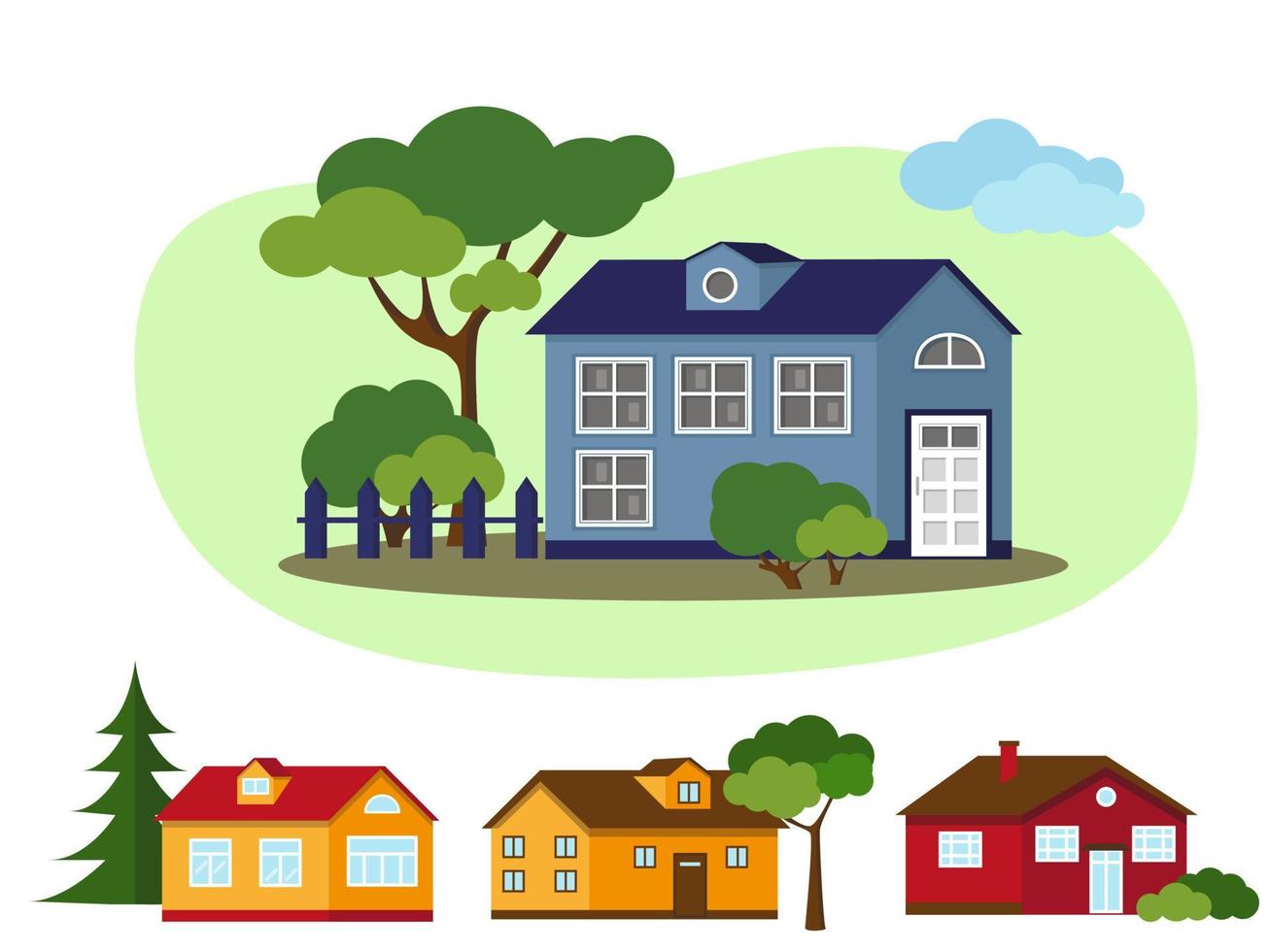 Set of country houses with trees. Village and nature elements. Vector illustration.