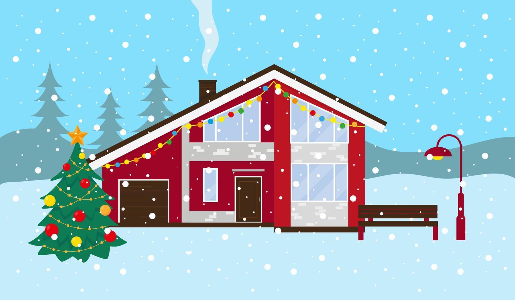 paisaje nevado de invierno. casa de campo, banco y árbol de navidad afuera. ilustración vectorial vector