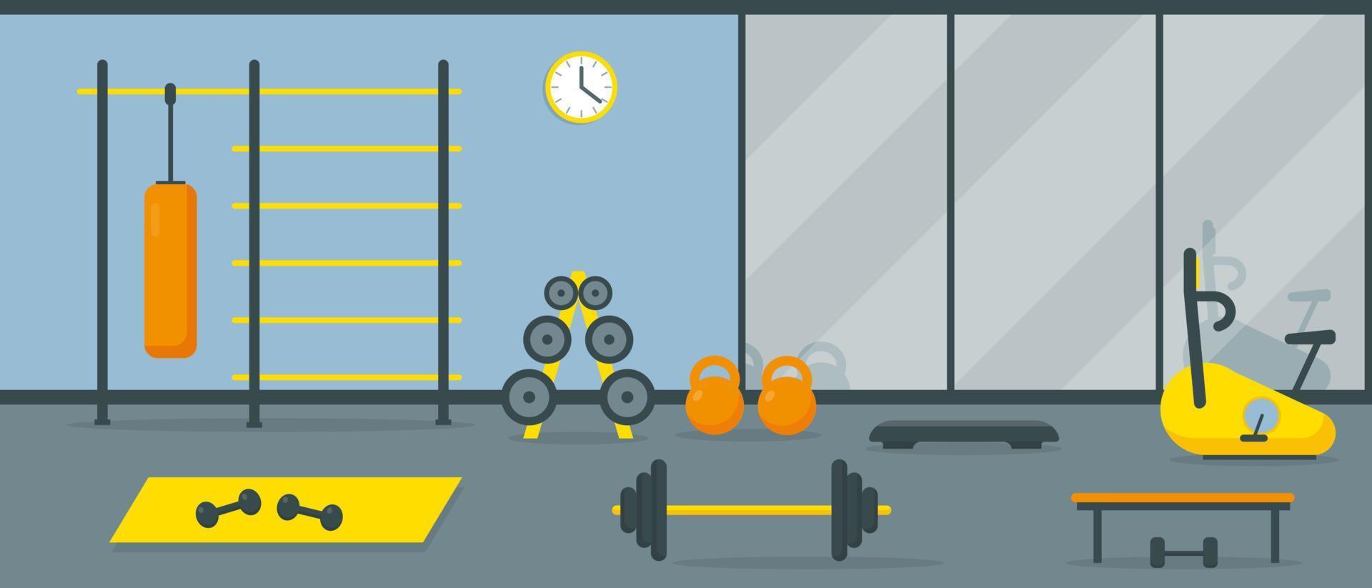 Gym interior with workout equipment and mirror. Fitness center training area. Vector illustration.