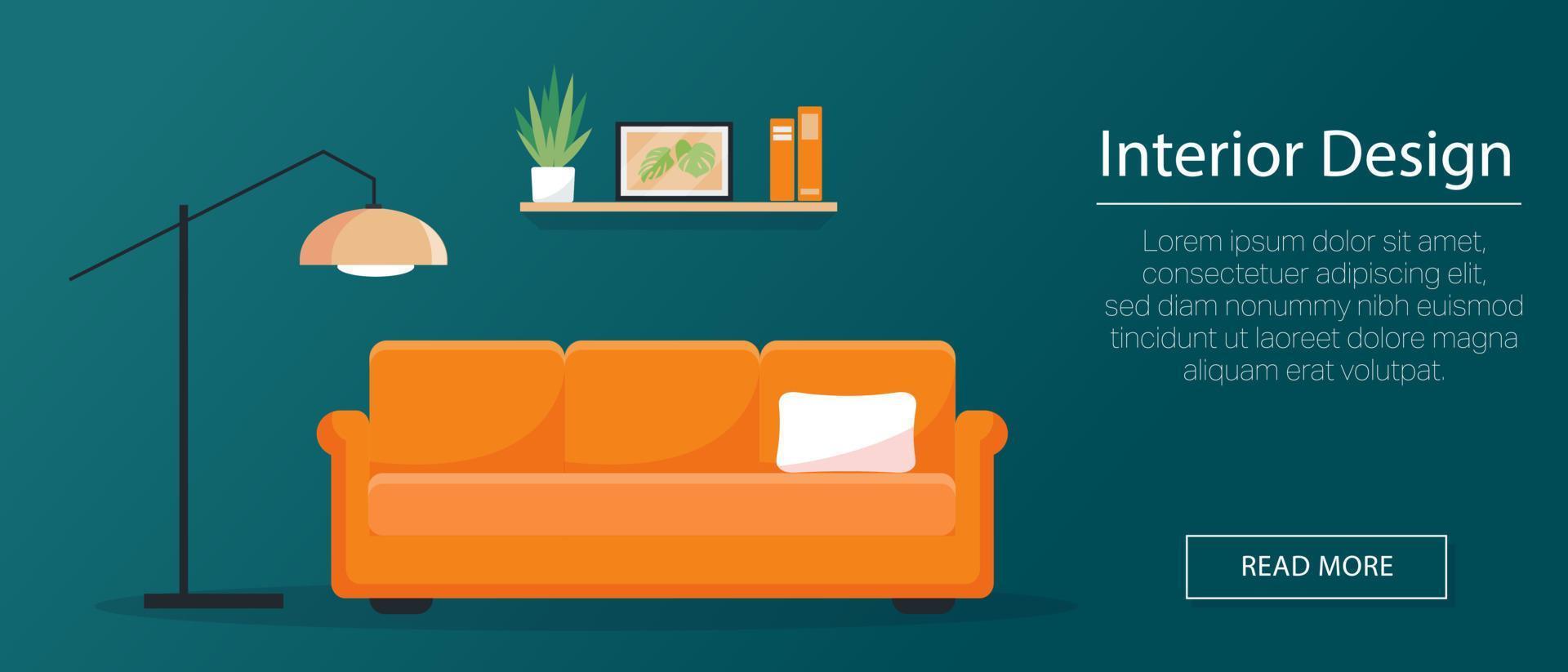 Interior design concept background. Sofa, lamp and bookshelf in flat style. Vetor illustration. vector