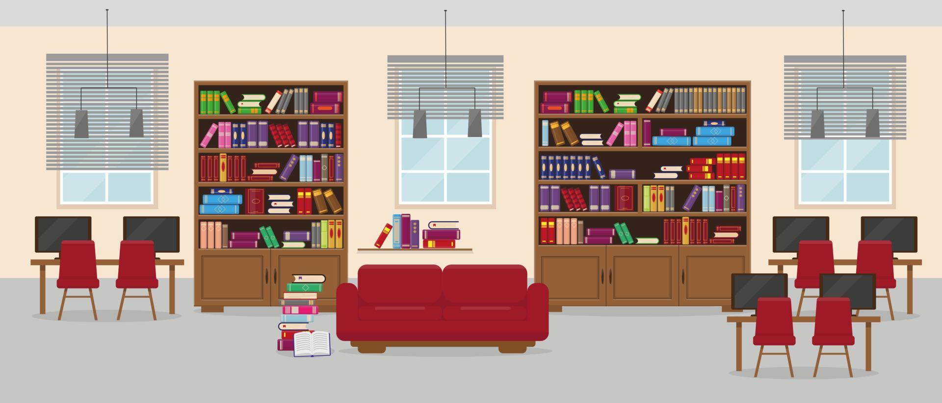 Library detailed interior in flat style. Furniture and books in modern room with windows and lamps. Vector illustration.