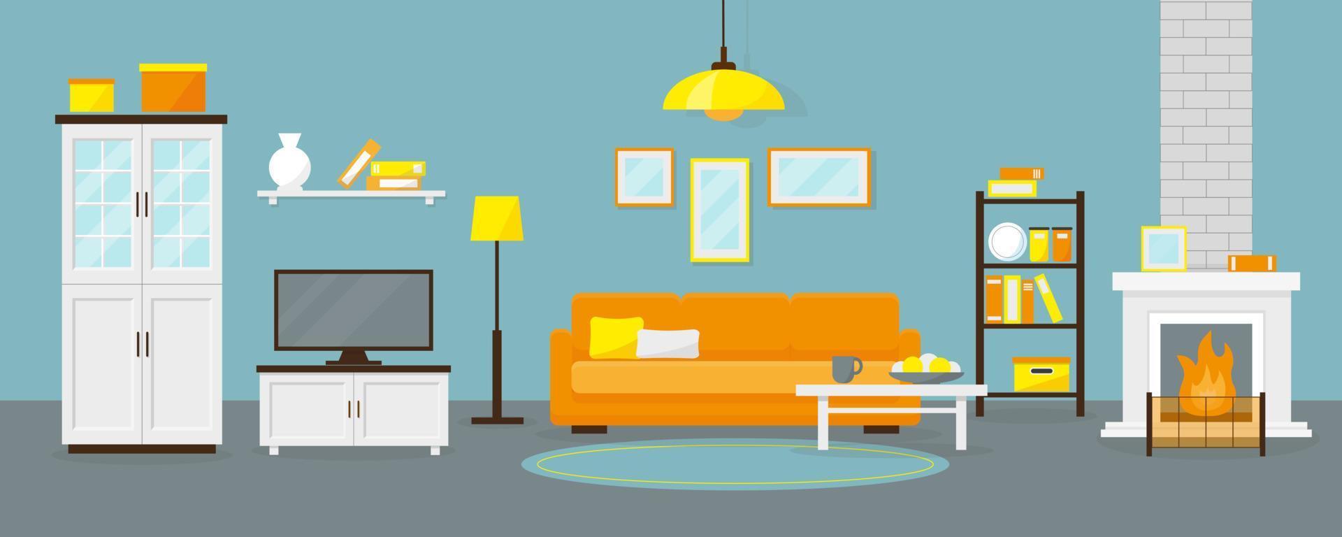 Livingroom with fireplace and furniture. Vector illustration.