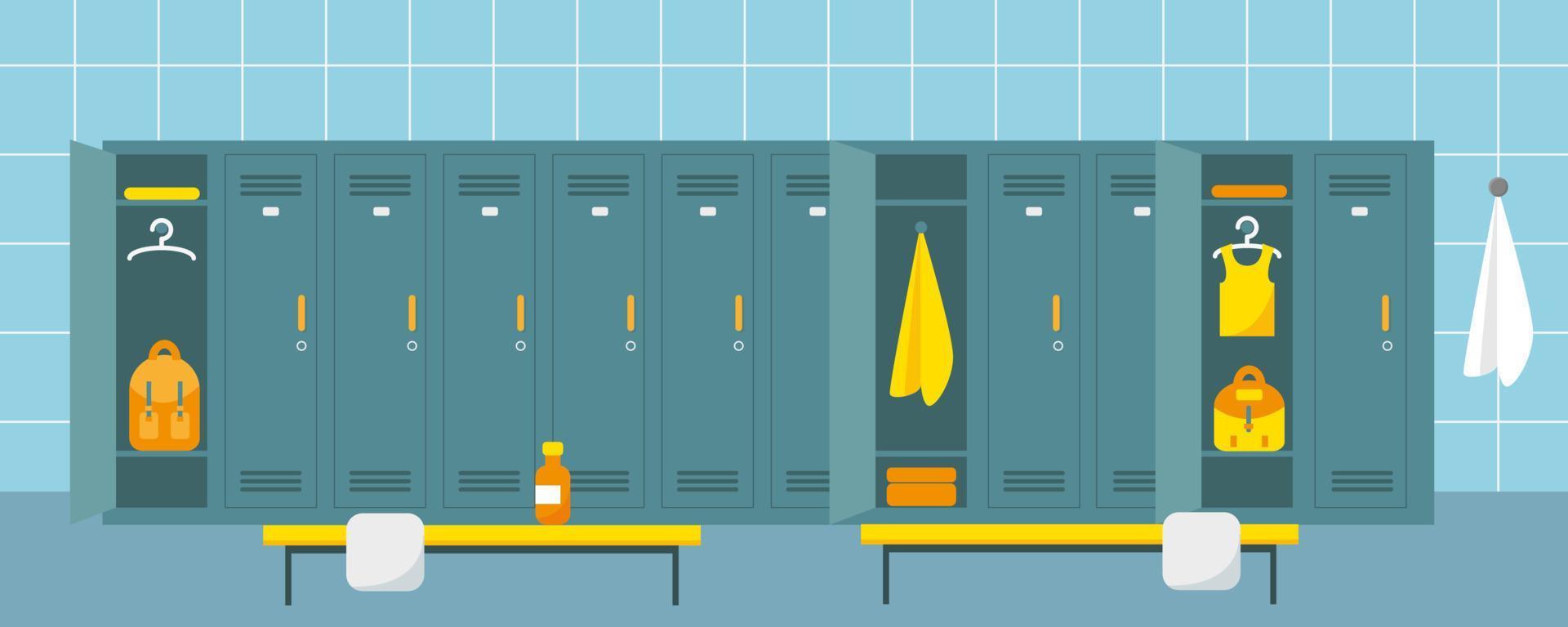 Locker room in sport center or swimming pool. Dressing place in fitness club or gym. Flat vector illustration.