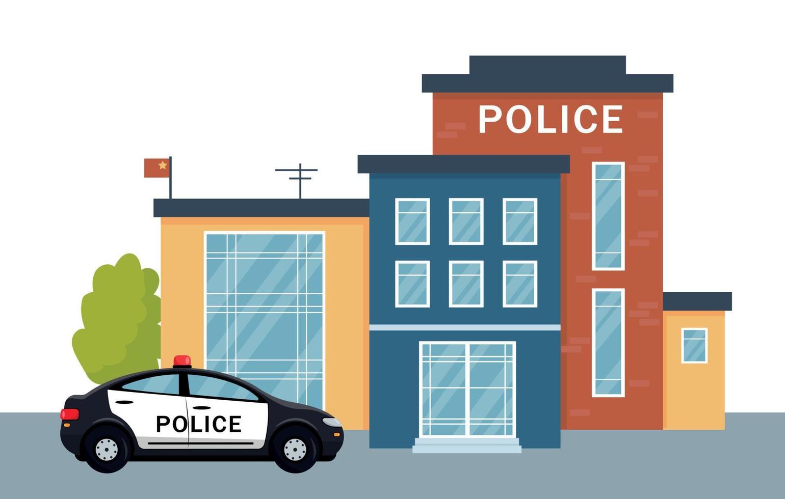 Exterior del edificio de la estación de policía con coche de policía. fachada y vehículo de la casa del departamento de policía de la ciudad. ilustración vectorial aislado sobre fondo blanco. vector