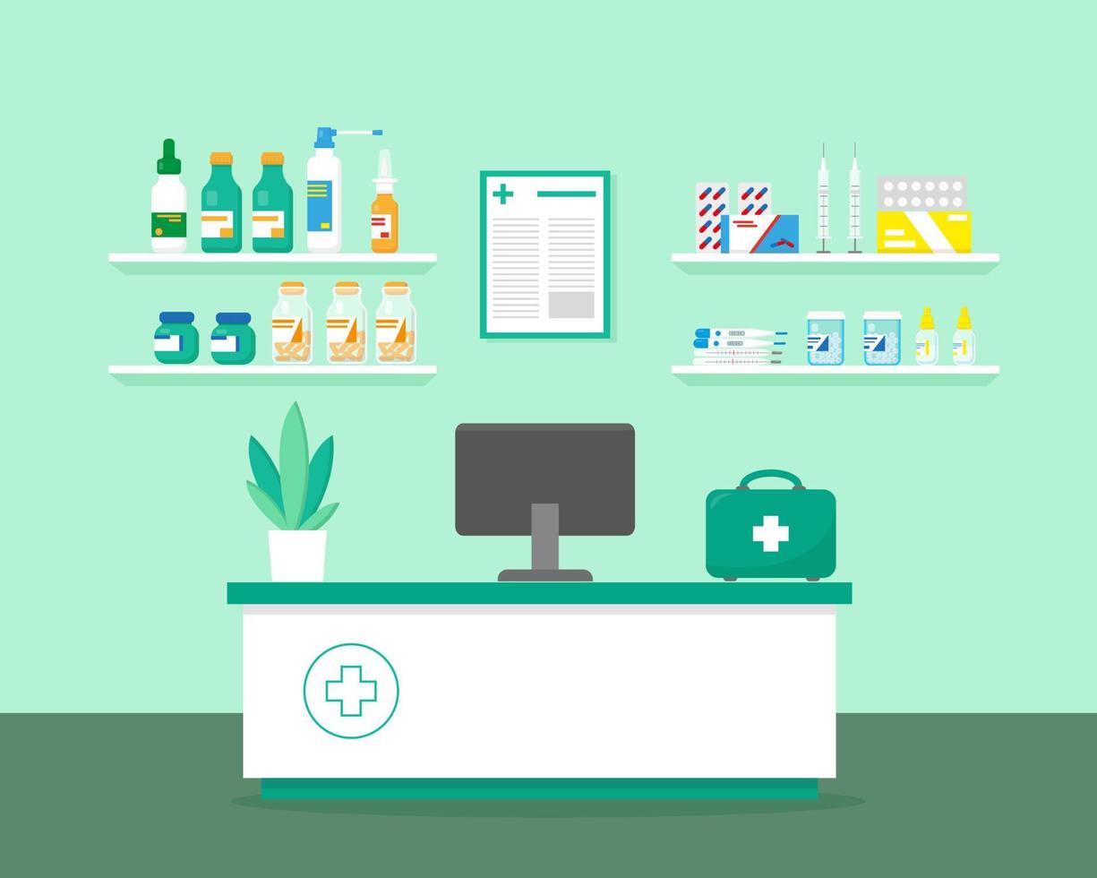 Pharmacy interior. Shelves with medication, syringe, thermometers and pharmacists workplace. Vector illustration.