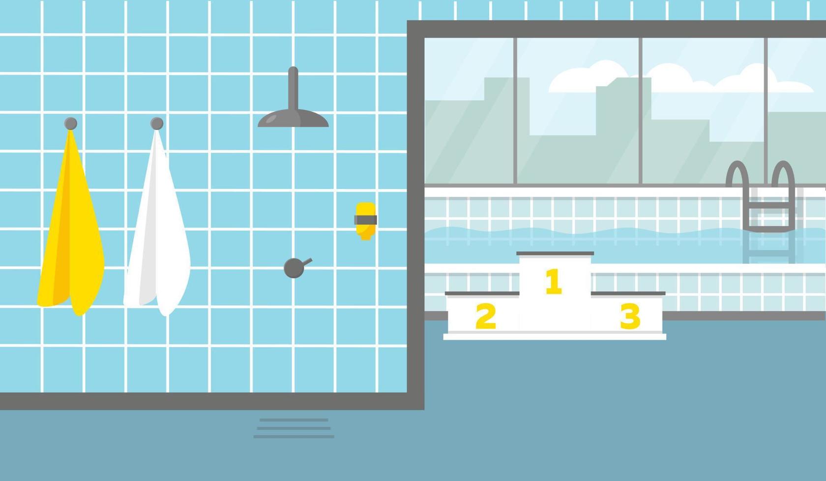 Swimming pool with big window and shower room. Vector illustration.