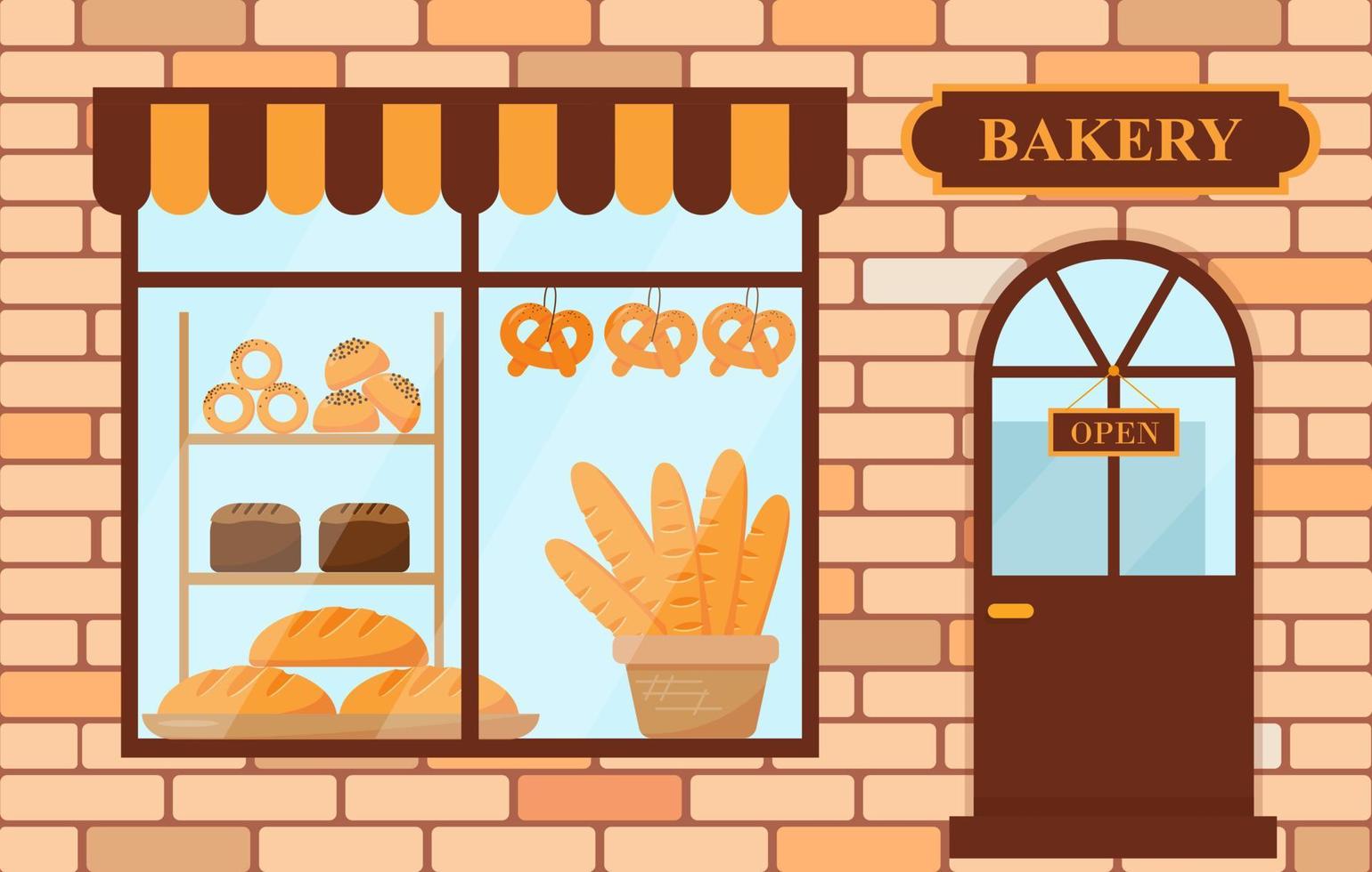 Bakery shop building exterior. Showcase with bread and entrance to the bakery. Vector illustration.