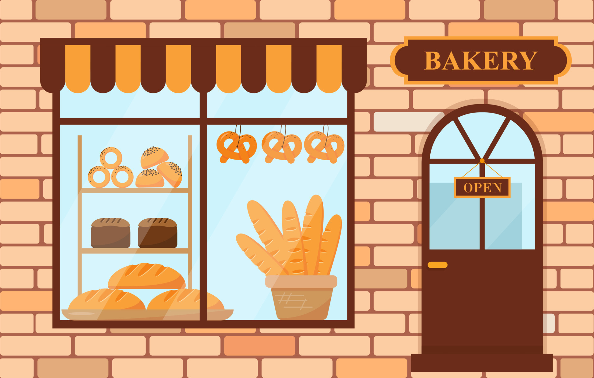 Bakery shop building exterior. Showcase with bread and entrance to the