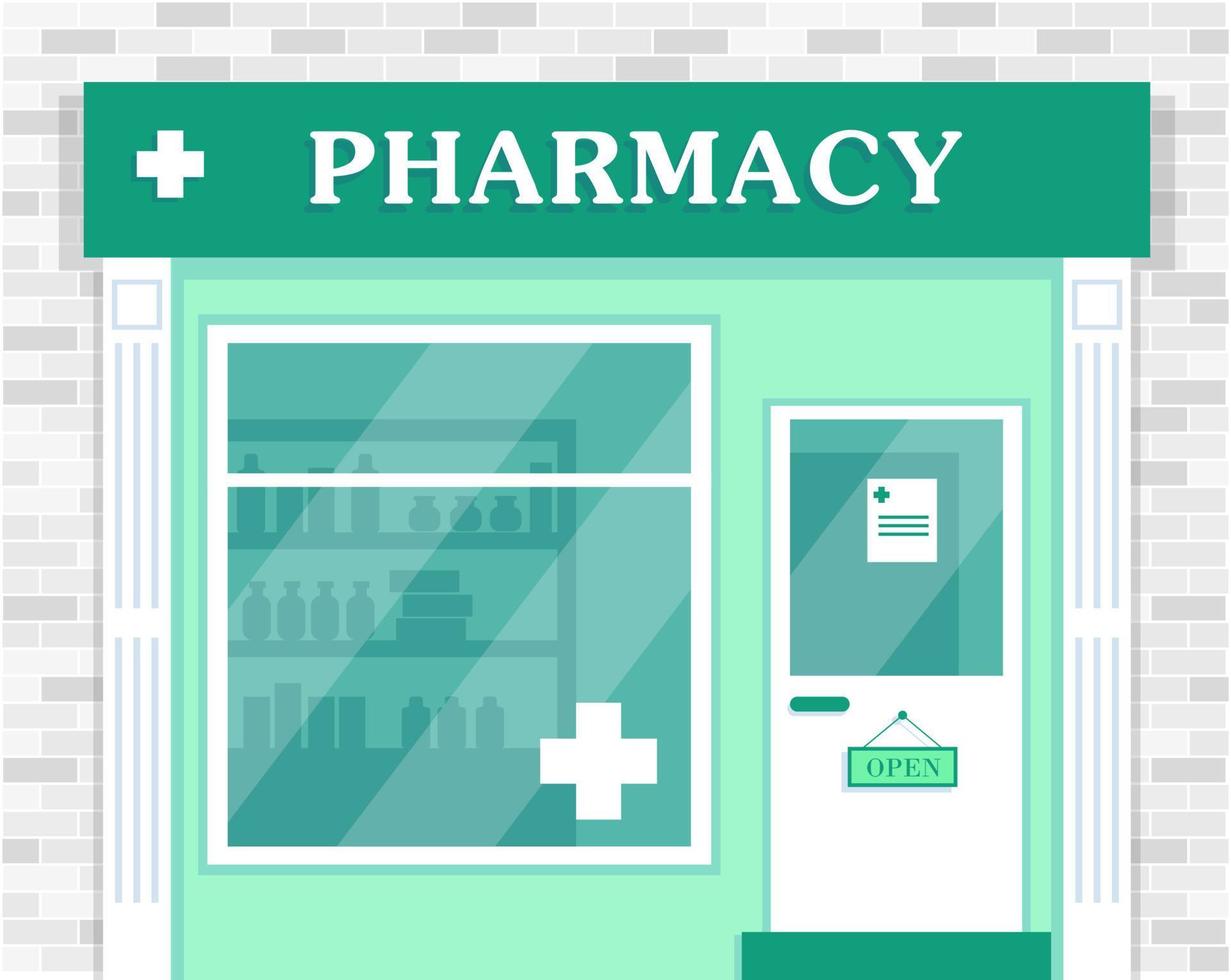 Pharmacy store exterior. Facade of pharmacy building. Vector illustration.