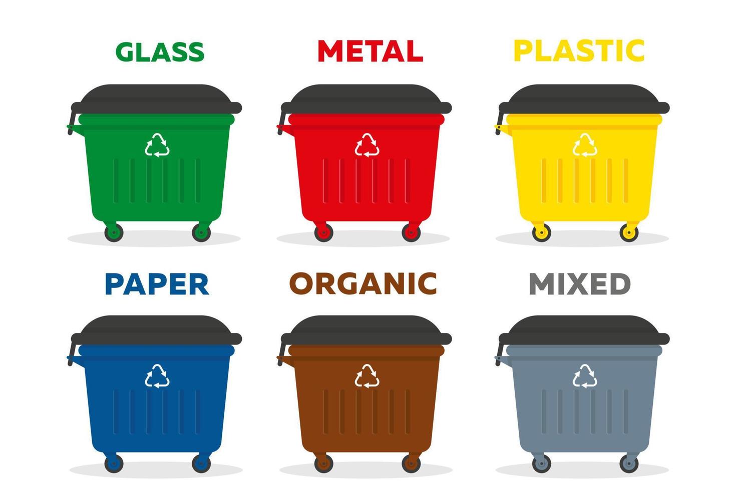Dampsters for garbage of different types. Waste sorting recycling concept. Vector illustration.