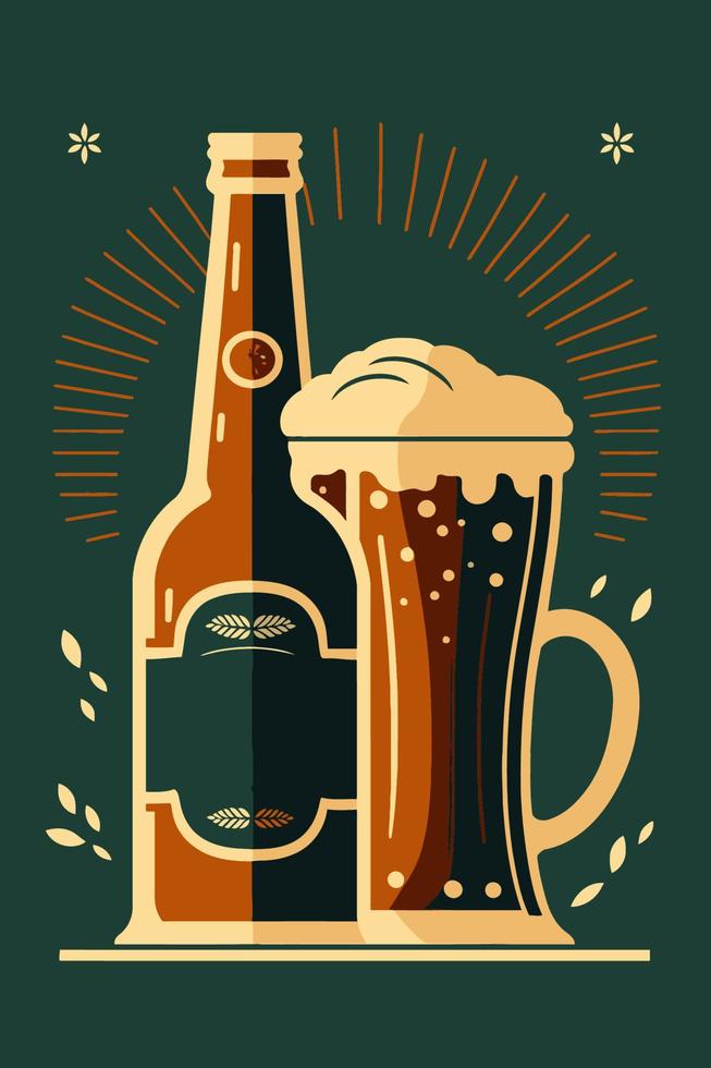 ilustración vectorial de un vaso de cerveza y una botella de cerveza. vector