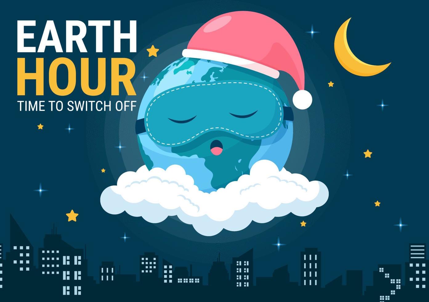 Happy Earth Hour Day Illustration with Lightbulb, World Map and Time to Turn Off in Flat Sleep Cartoon Hand Drawn Landing Page Templates vector