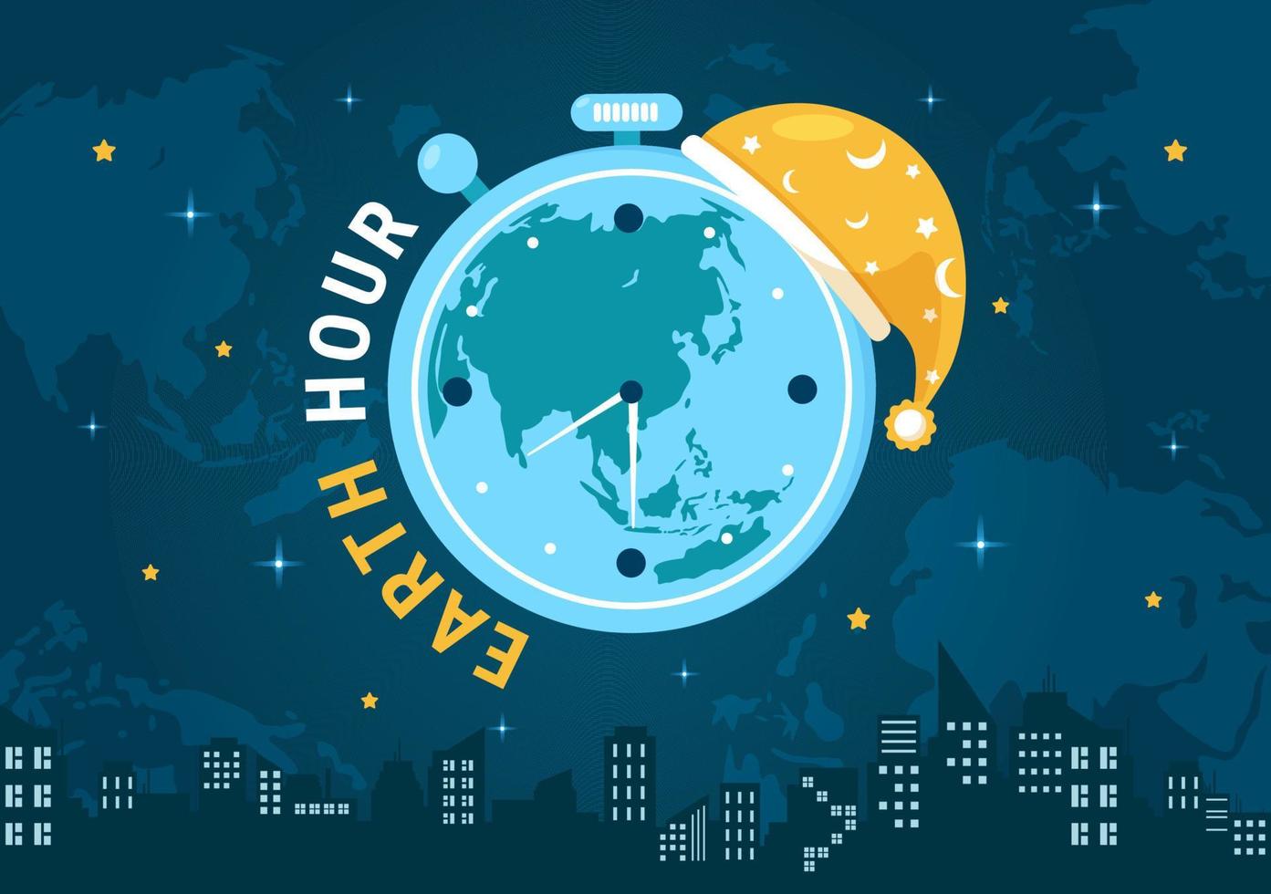 Happy Earth Hour Day Illustration with Lightbulb, World Map and Time to Turn Off in Flat Sleep Cartoon Hand Drawn Landing Page Templates vector