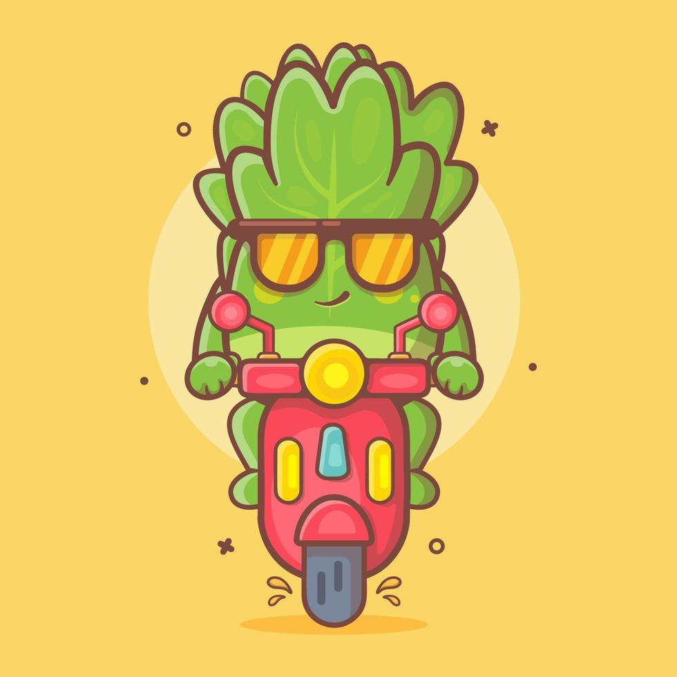 lechuga fresca carácter vegetal mascota montar scooter motocicleta dibujos animados aislados en diseño de estilo plano vector