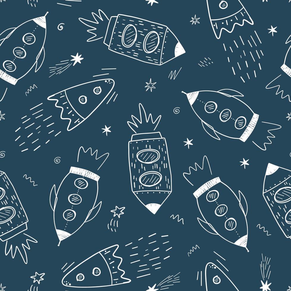 Seamless childish cosmic pattern with cute rockets and stars in space. Repeating texture doodle style universe. Colored flat vector illustration of cosmos background.