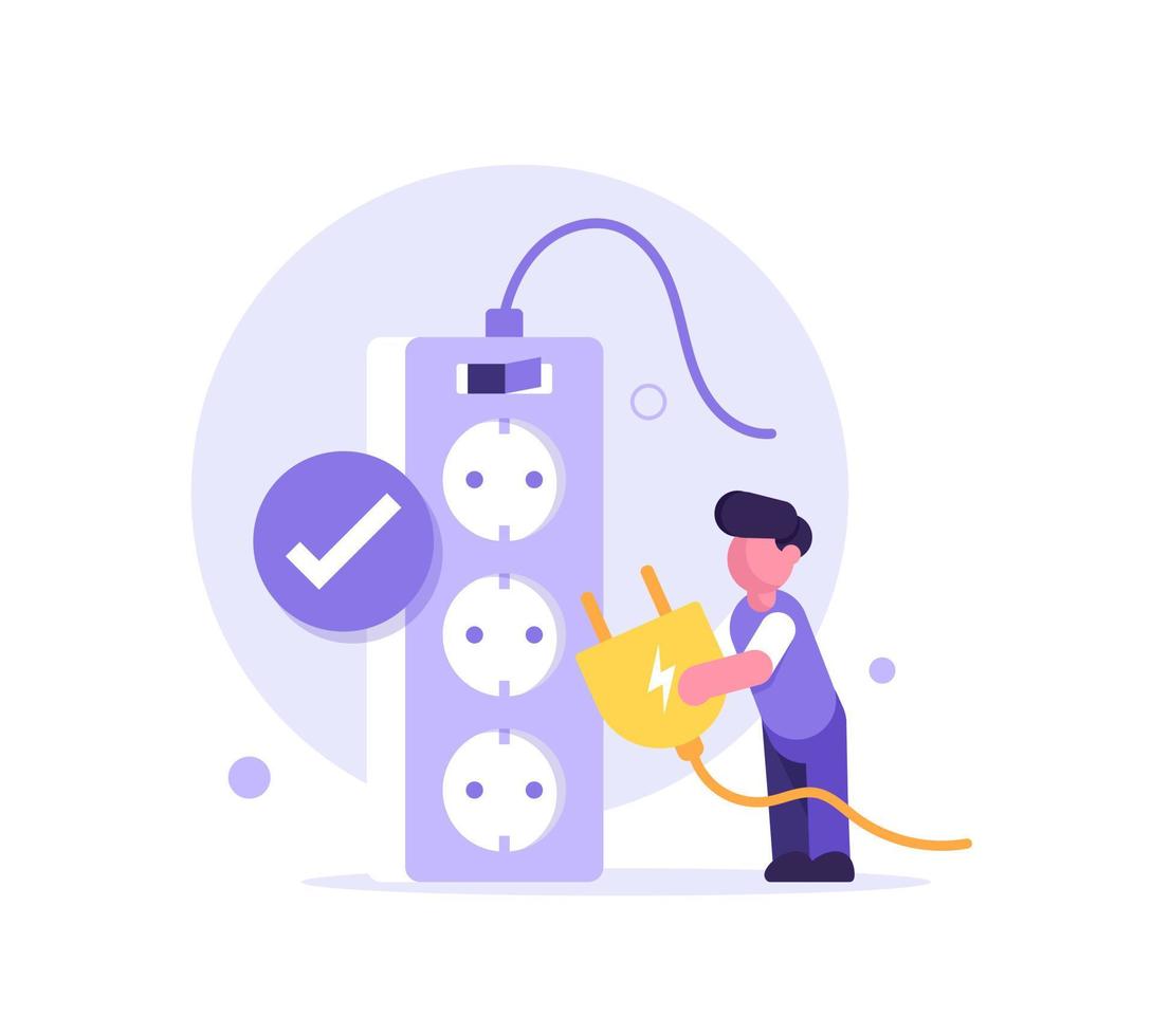 Sustainability illustration set,unplug appliances and use energy saving light bulb,Characters reduce energy consumption at home vector