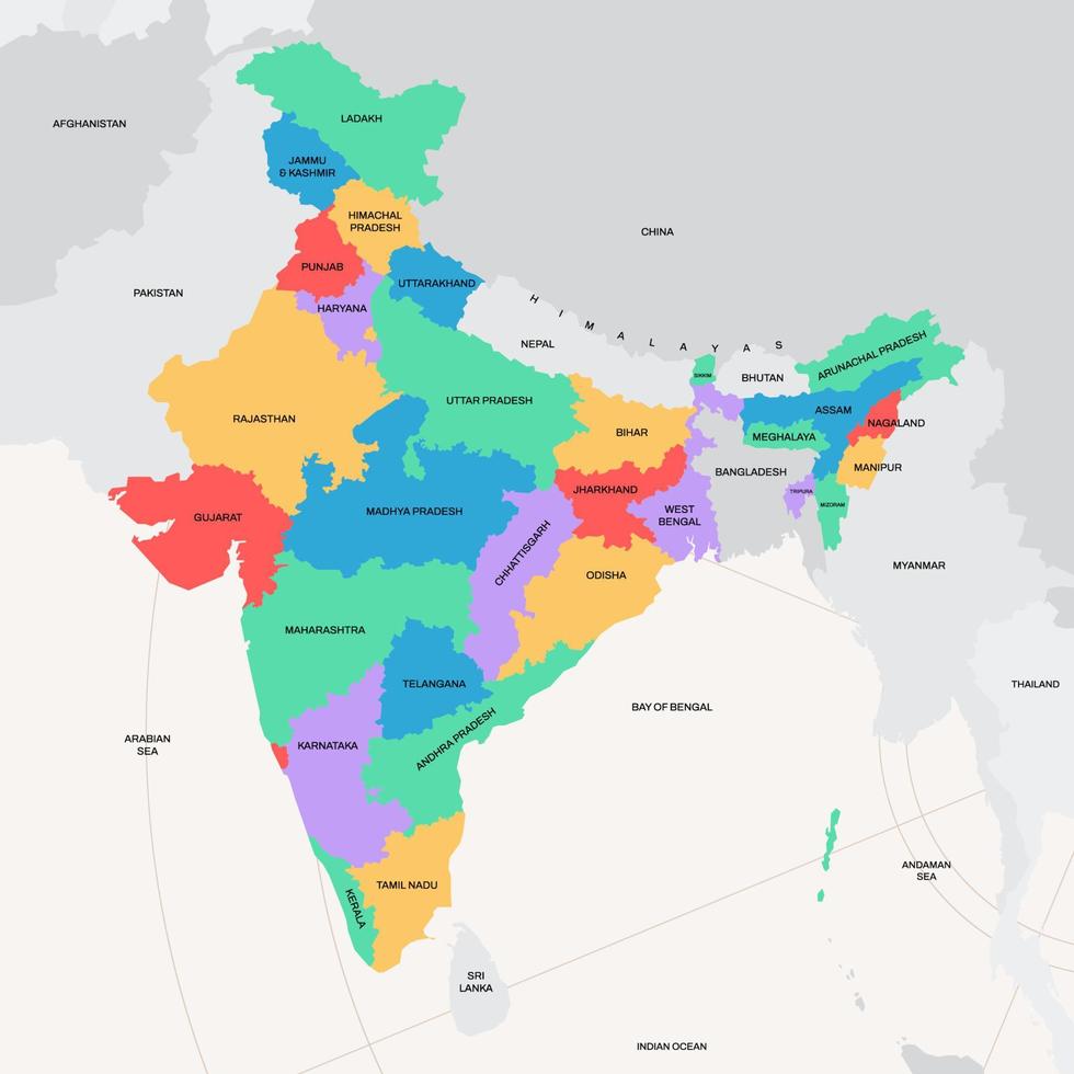 mapa del país de la india con nombres de ciudades vector