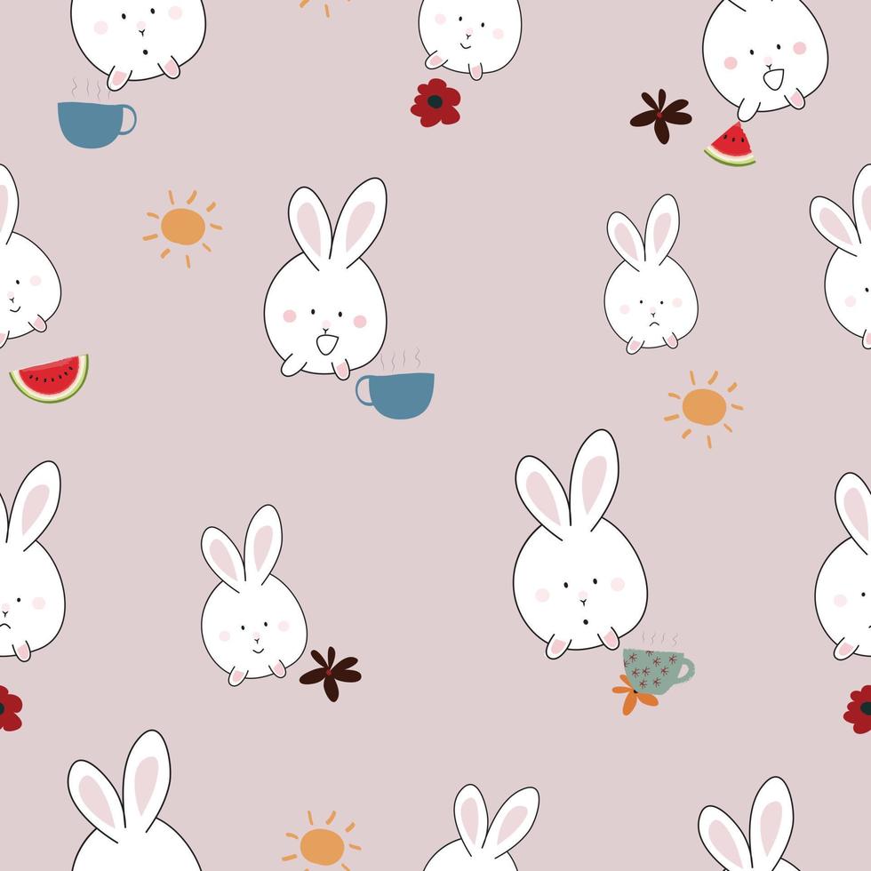 Cute hand drawn rabbit cartoon seamless pattern vector