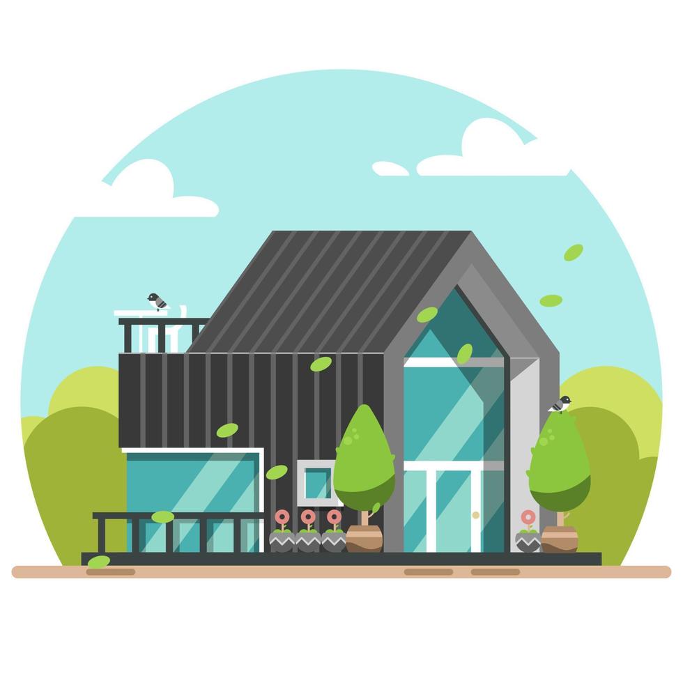 Flat design of black modern house in nature with birds, wind blowing leaves vector