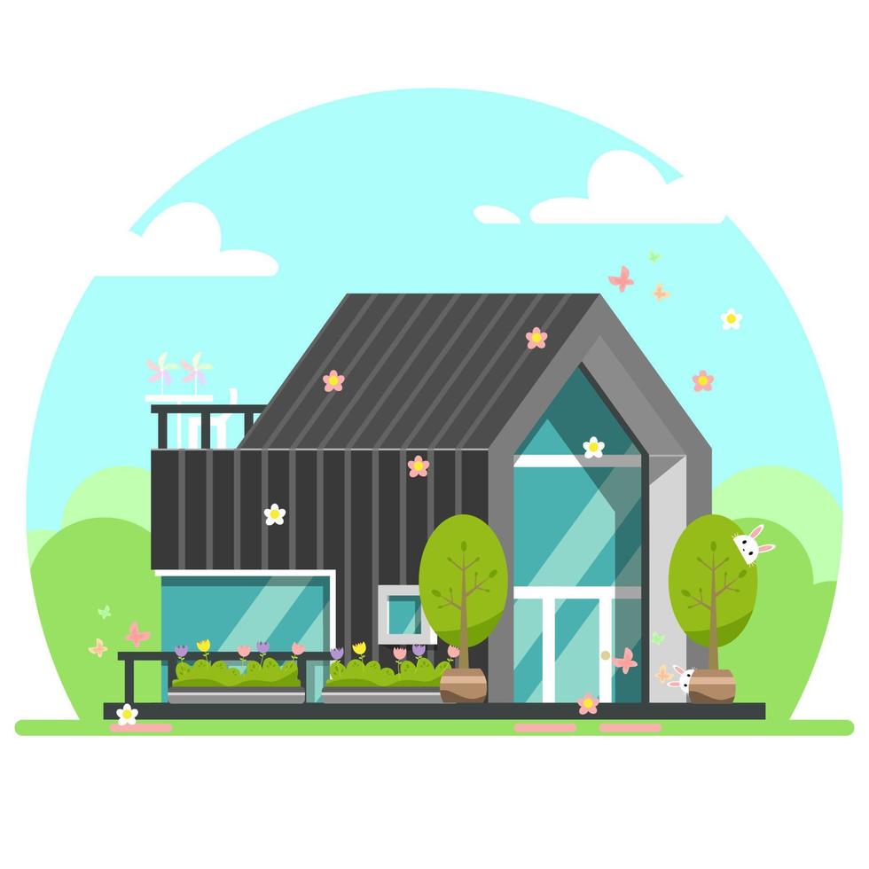 Flat design of modern black house in spring with flowers, butterflies, and rabbits vector