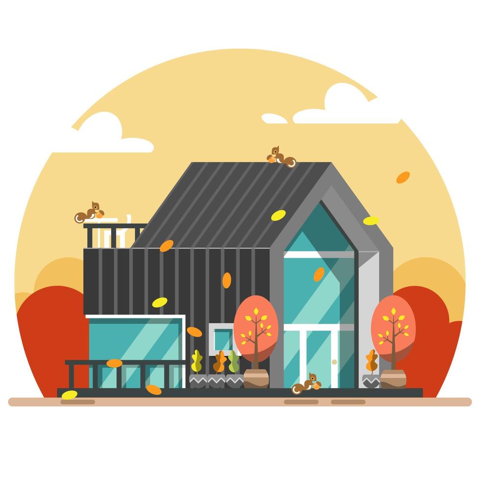 Flat design of modern black house in autumn with squirrels holding nuts, leaves blown by wind vector