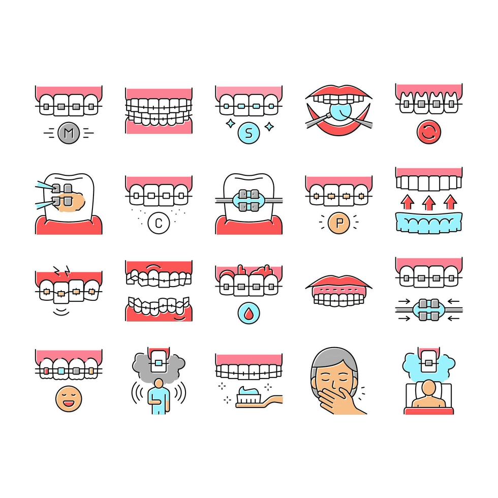 conjunto de iconos de colección de accesorios de frenos dentales vector
