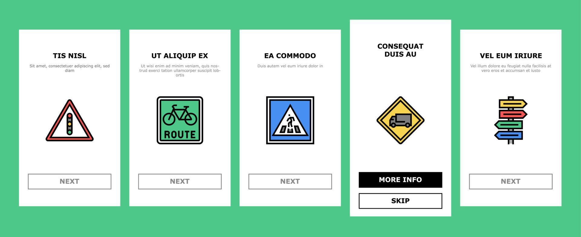 Traffic Sign Road Information onboarding icons set vector