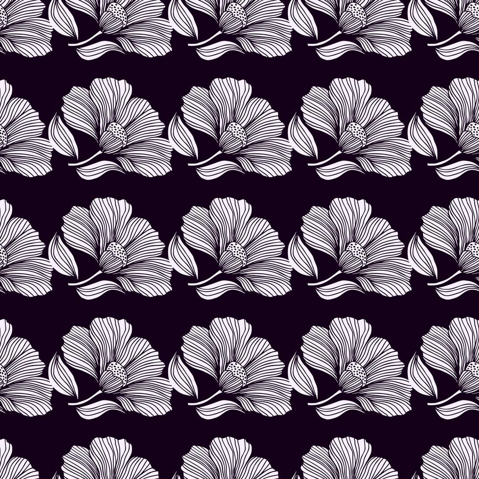 Abstract flower line seamless pattern. Delicate floral vintage outline endless background. Retro style. vector
