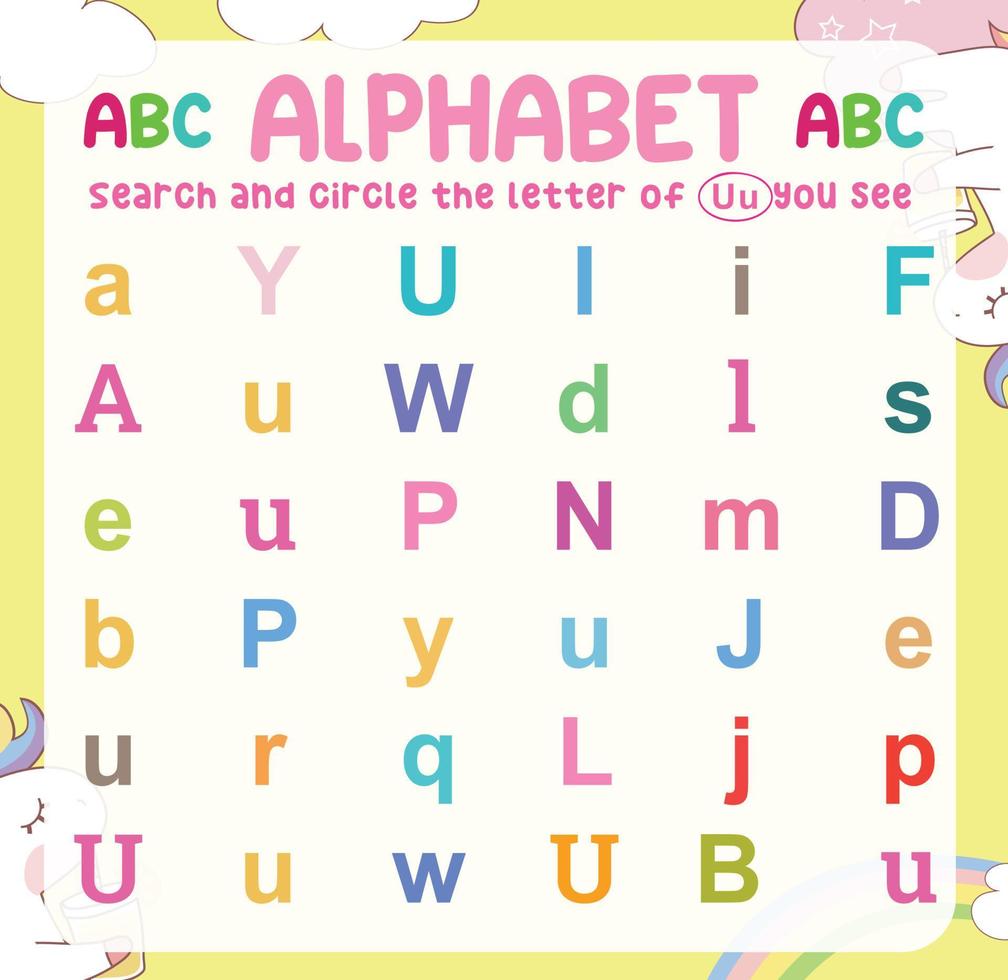 Search and circle the uppercase and lowercase letter on the worksheet. Exercise for children to recognize the alphabet. Educational sheet for preschool. Vector file.