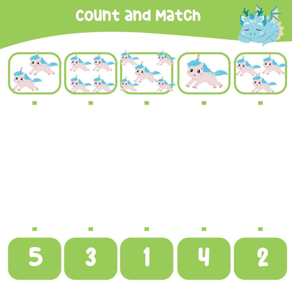 Count and match together worksheet. Educational printable math worksheet. Math game for children. Vector illustration.