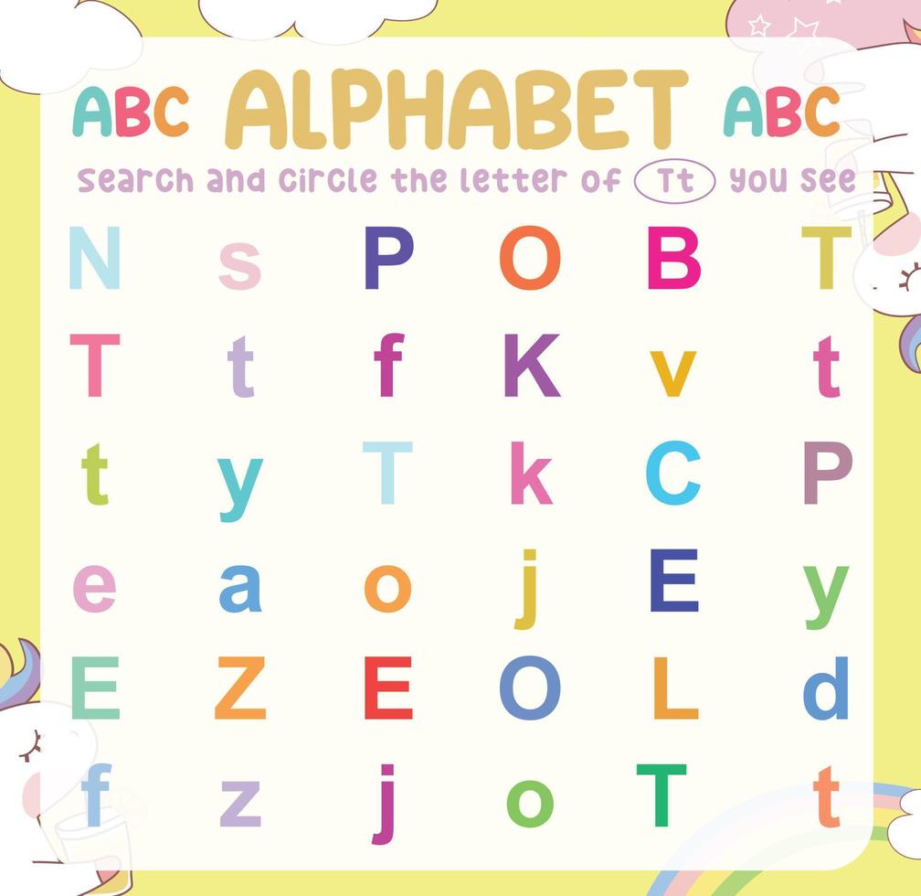 Search and circle the uppercase and lowercase letter on the worksheet. Exercise for children to recognize the alphabet. Educational sheet for preschool. Vector file.