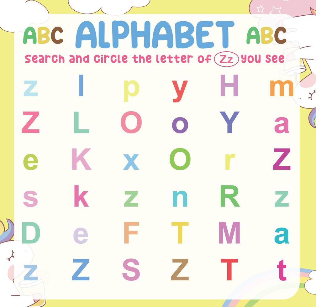 Search and circle the uppercase and lowercase letter on the worksheet. Exercise for children to recognize the alphabet. Educational sheet for preschool. Vector file.