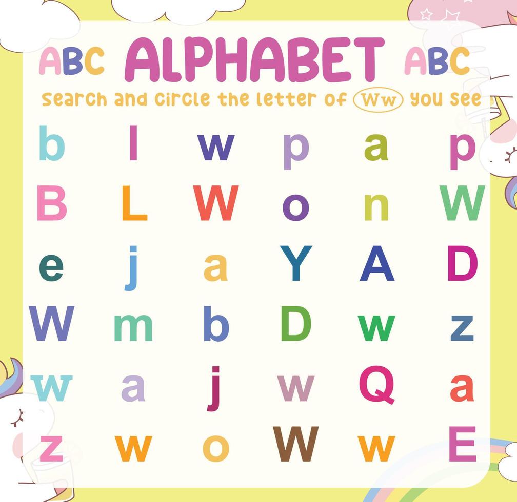 Search and circle the uppercase and lowercase letter on the worksheet. Exercise for children to recognize the alphabet. Educational sheet for preschool. Vector file.