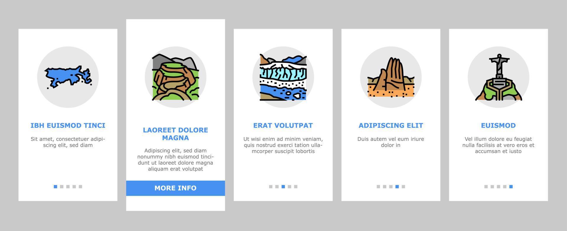 South America Scape And Tradition onboarding icons set vector