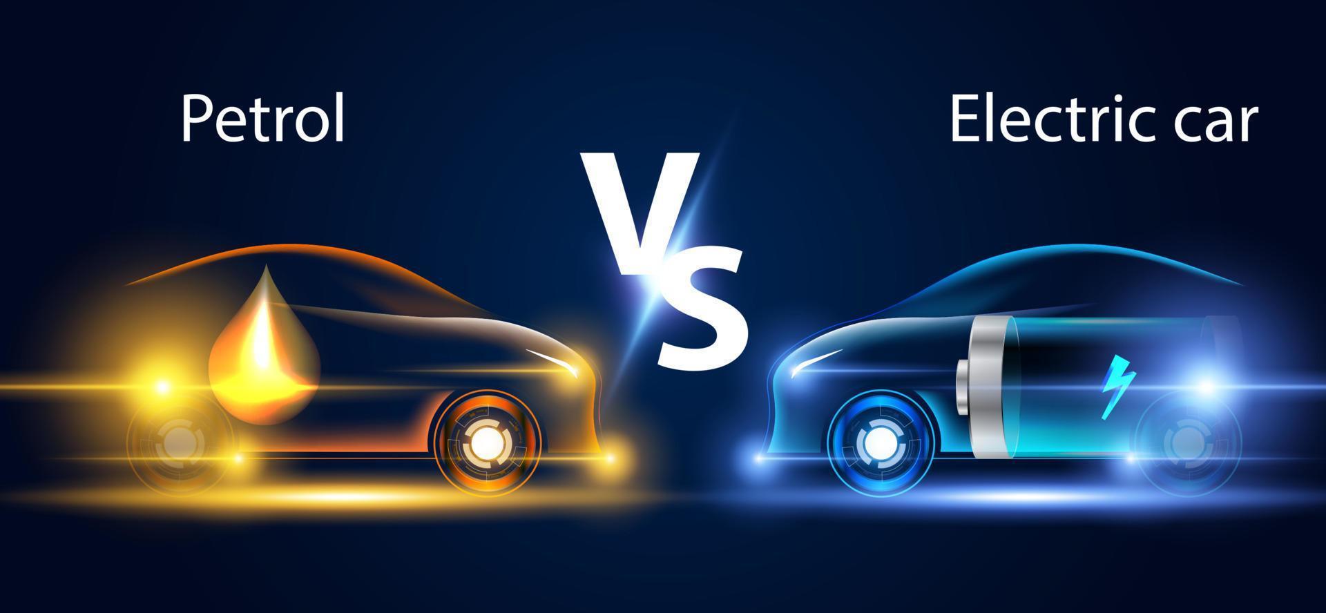 coches de gasolina abstractos y coches eléctricos, compare las diferencias. en un hermoso fondo futurista vector