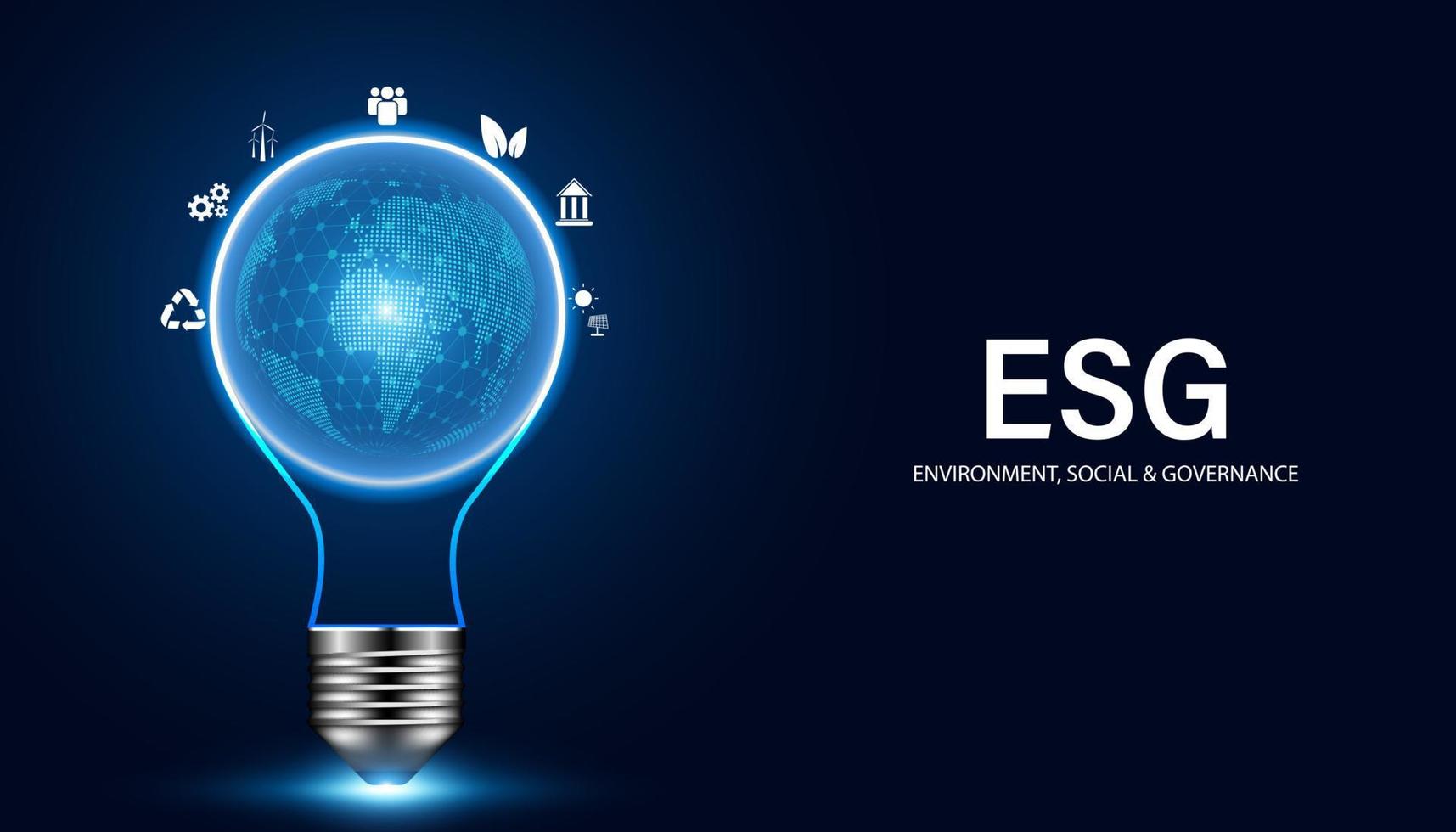 Abstract ESG concept Environment, Social, and Governance, illustrated idea from bulbs and global energy conservation and icons, people, wind turbines, bank, solar power and circular economy on blue vector