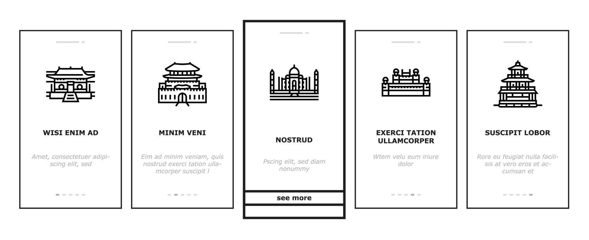Asia Building And Land Scape onboarding icons set vector