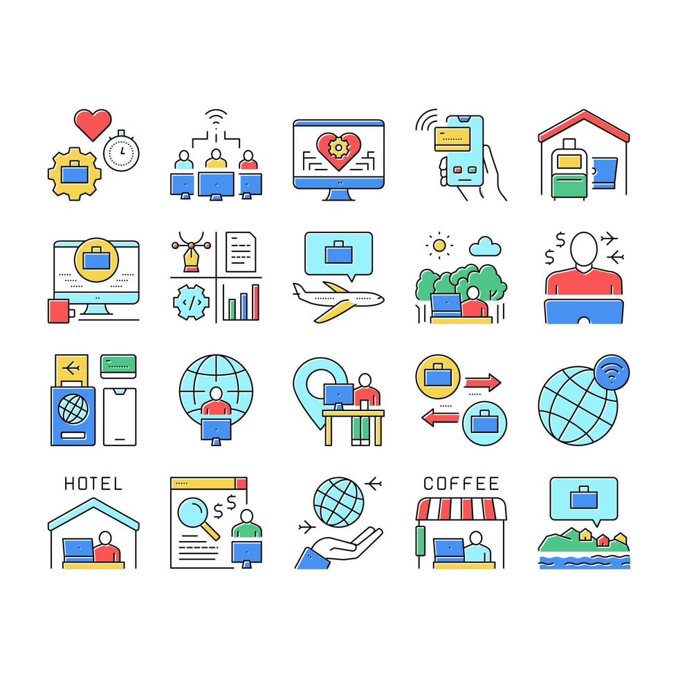 Digital Nomad Worker Collection Icons Set Vector