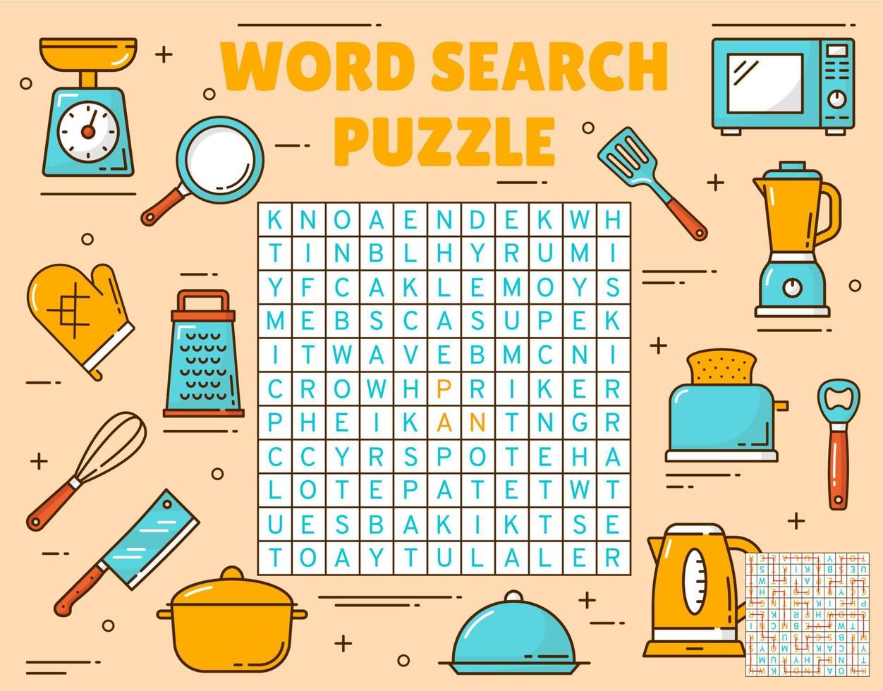 Kitchenware and utensil word search puzzle game vector