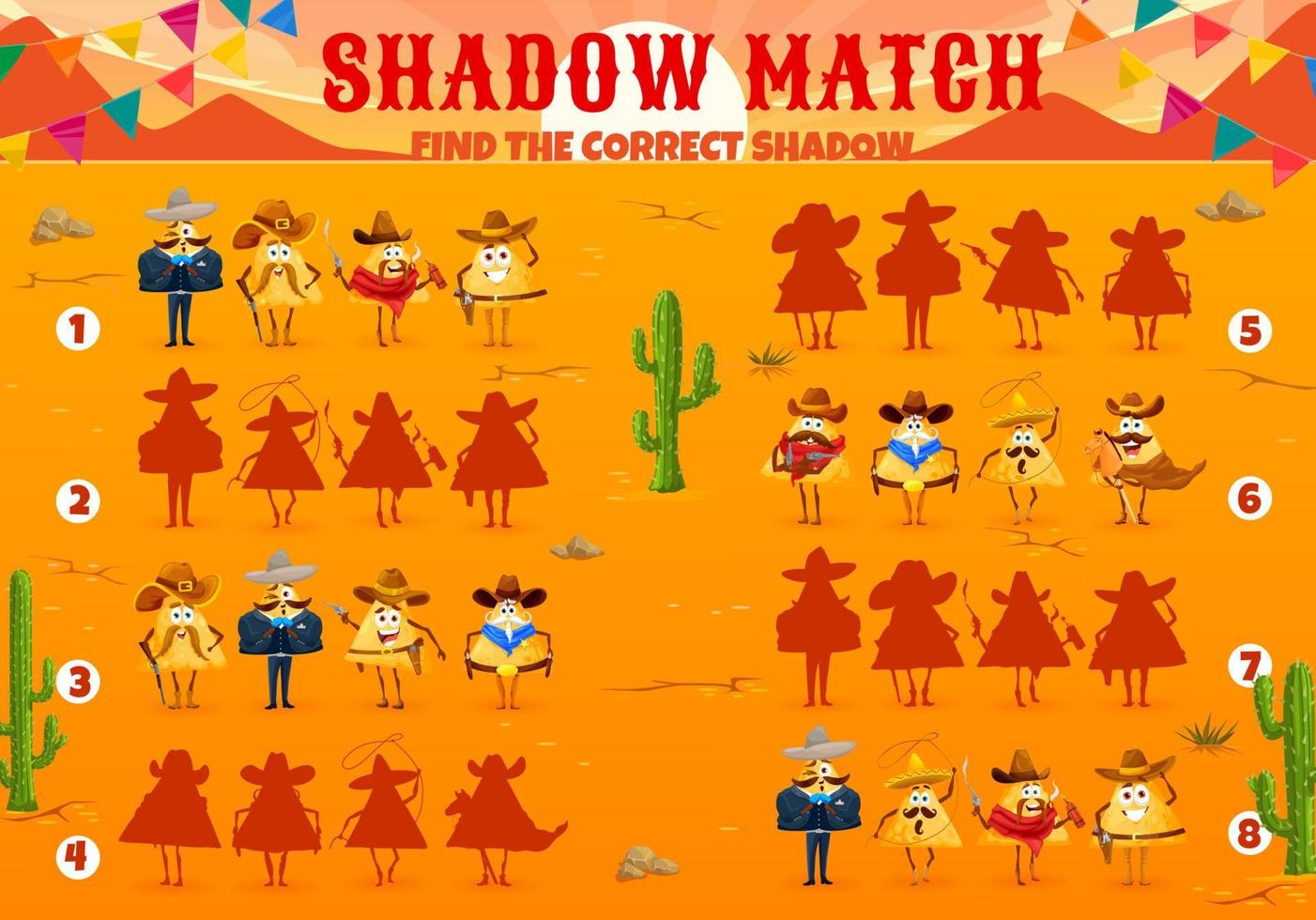 Shadow match game worksheet, cowboy mexican nachos vector