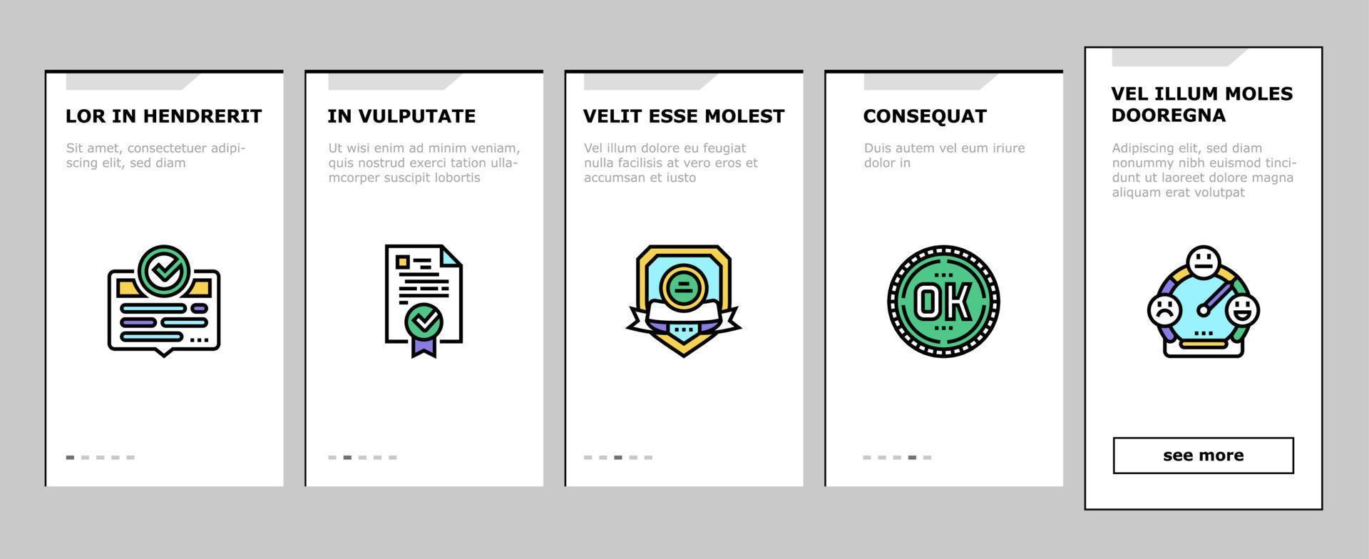 Quality Approve Mark And Medal onboarding icons set vector
