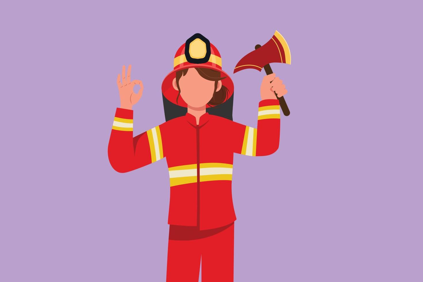 Graphic flat design drawing cute female firefighter in complete uniform holding glass breaking axe with okay gesture prepare to put out fire that burned the building. Cartoon style vector illustration