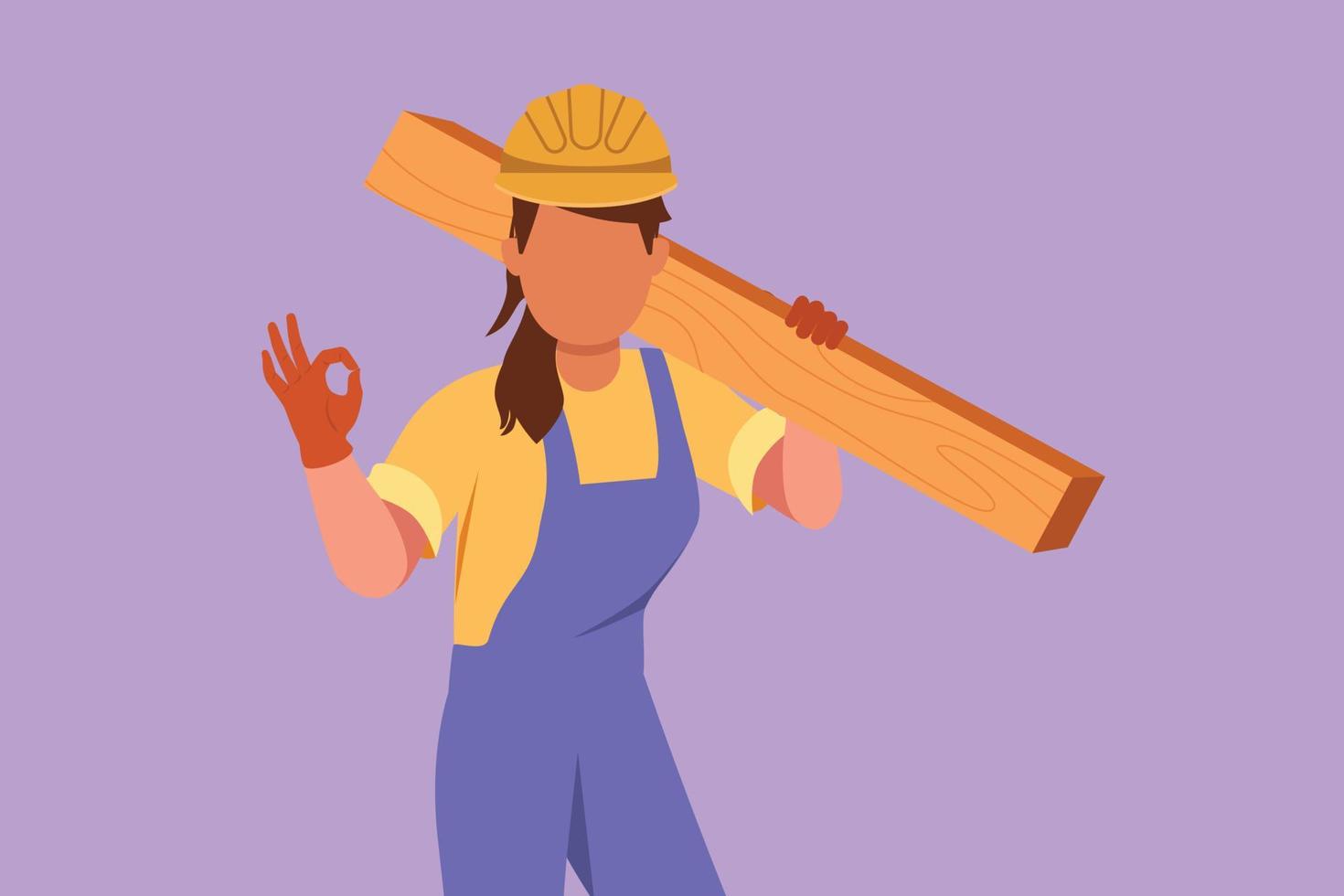 Graphic flat design drawing female carpenter carrying wooden board with okay gesture and working in workshop making wooden products. Skills in using carpentry tool. Cartoon style vector illustration